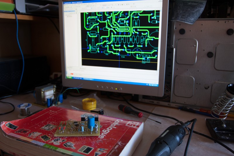 First version of the board | Mihalis Marinis working on the design for the audio tone detection circuit